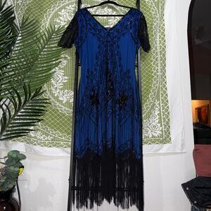 BABEYOND 1920s Flapper Dress - Royal Blue & Black Sequin Beaded Gatsby Gown - XL